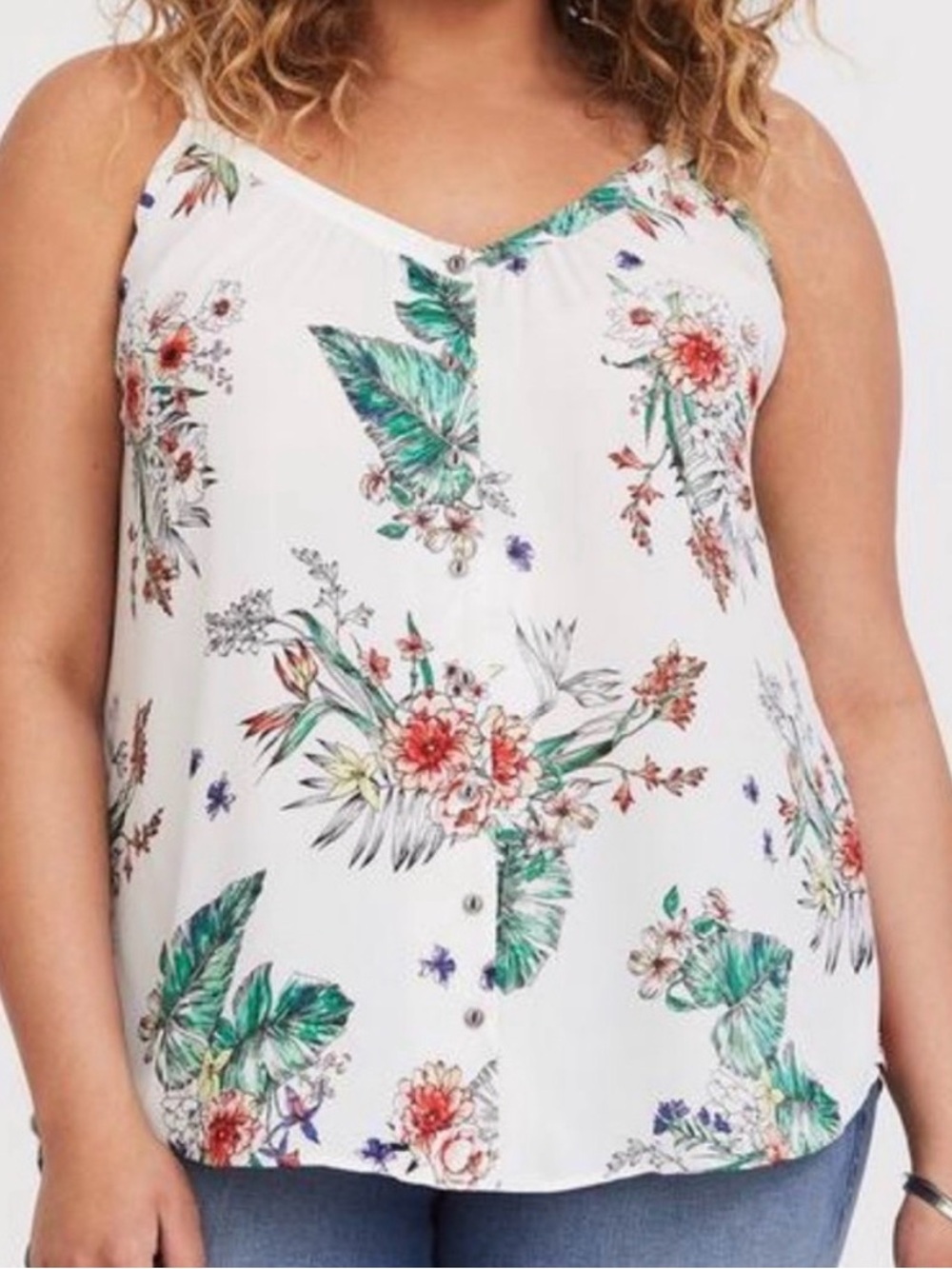 Torrid Georgette White Tropical Floral Button Front Tunic Cami Tank Women’s 3X